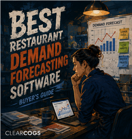 A restaurant operator reviewing a demand forecast chart at a desk; the title reads Best Restaurant Demand Forecasting Software 2026 Buyer's Guide, with the ClearCOGS logo.