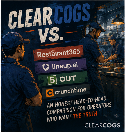 ClearCOGS versus Restaurant365, Lineup.ai, 5-Out, and Crunchtime, billed as an honest head-to-head forecasting comparison, set over a restaurant kitchen, with the ClearCOGS logo.