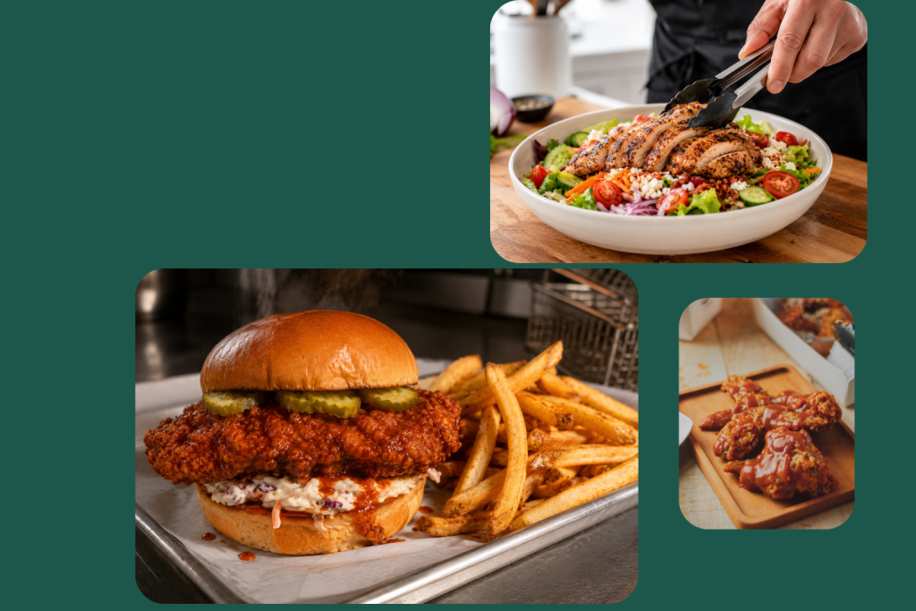 Assortment of chicken restaurant dishes plated for service