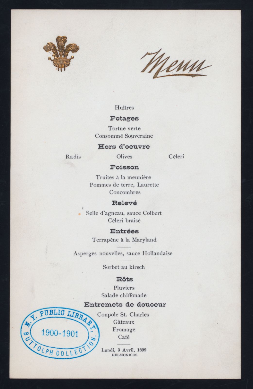 A printed Delmonico's restaurant menu from 1899, held by the New York Public Library.